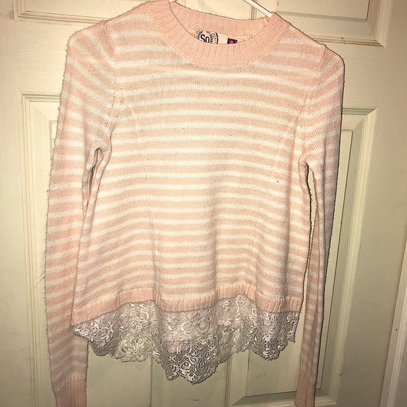 Pink & White Stripped Sweater with Lace on Bottom - Picture 1 of 2